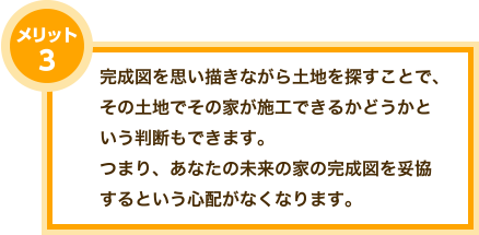メリット3、完成図を思い描きながら土地を探すことで、その土地でその家が施工できるかどうかという判断もできます。つまり、あなたの未来の家の完成図を妥協するという心配がなくなります。